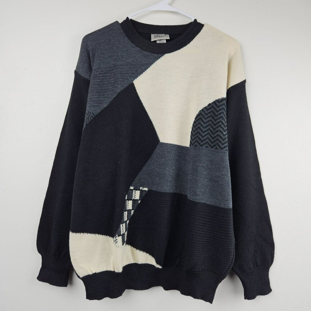 VINTAGE WOOL BLEND SWEATER 80s 90s Colorblock Mens L Italy Black White Pelo